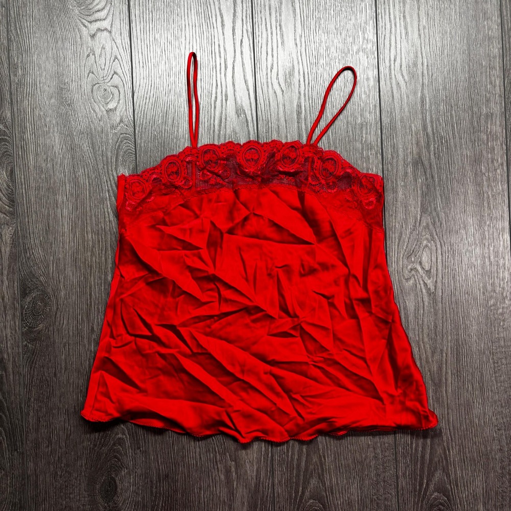 Vintage 1980s French Maid Silk Satin Red Slip Top Lace Pyjama Sleek Small